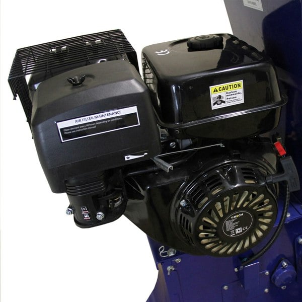 Powerful T-Mech 15HP wood chipper engine with a black casing, air filter, and caution label, showcasing robust design and maintenance features