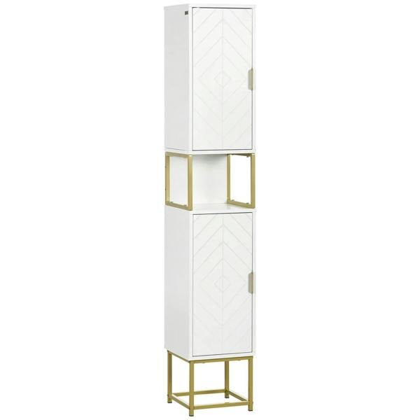 White freestanding bathroom tallboy cabinet with two doors and gold steel base