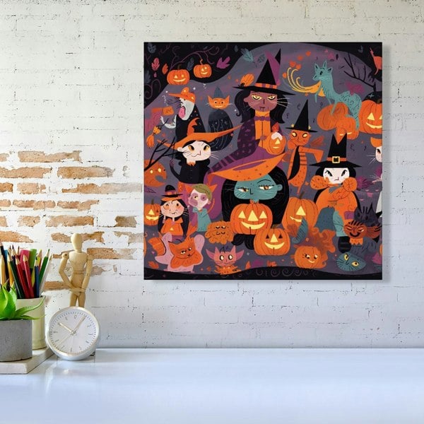 Warren Reed A Vibrant Illustration Of Witches And Pumpkin Canvas