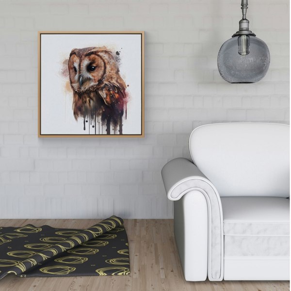 Warren Reed Tawny Owl Face Splash Art Light Background Framed Canvas