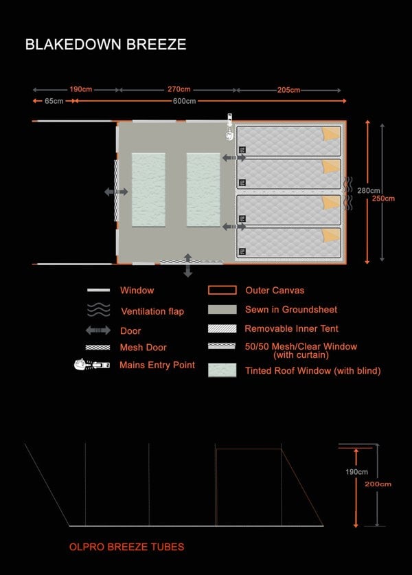 An infographic of the Blakedown Breeze 4 Berth Inflatable Tent from OLPRO depicting the product dimensions.