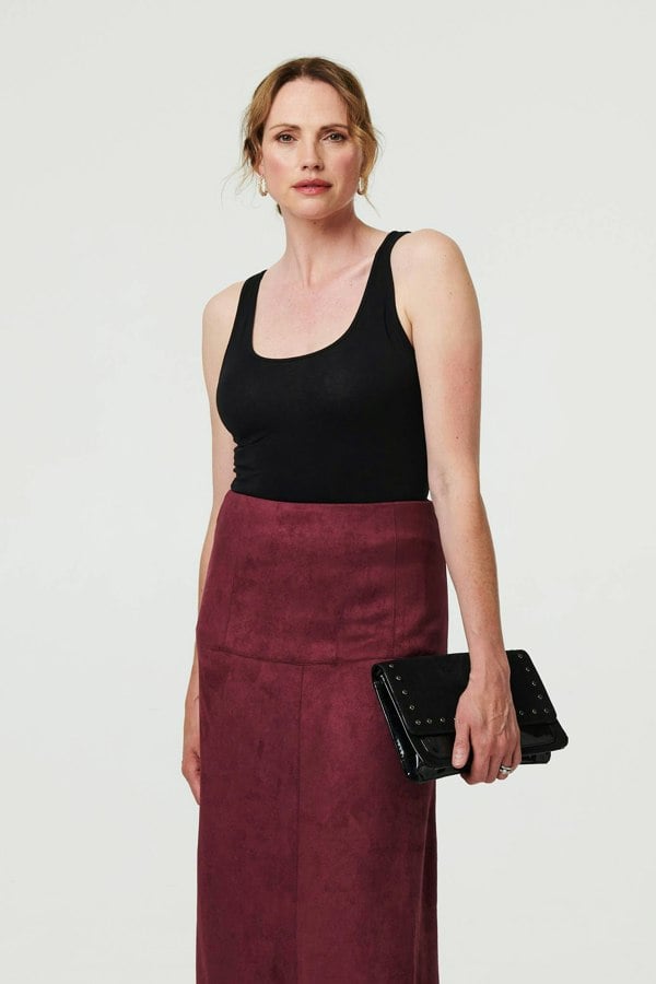 Red | Faux Suede A-Line High Waist Midi Skirt
