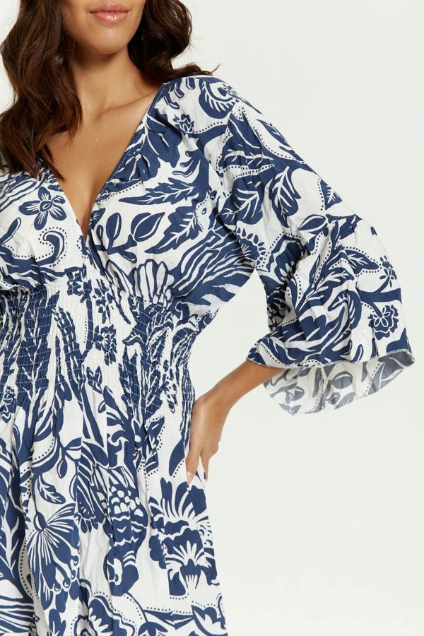 Hoxton Gal Oversized V Neck Detailed Floral Print Mini Dress in Navy and White