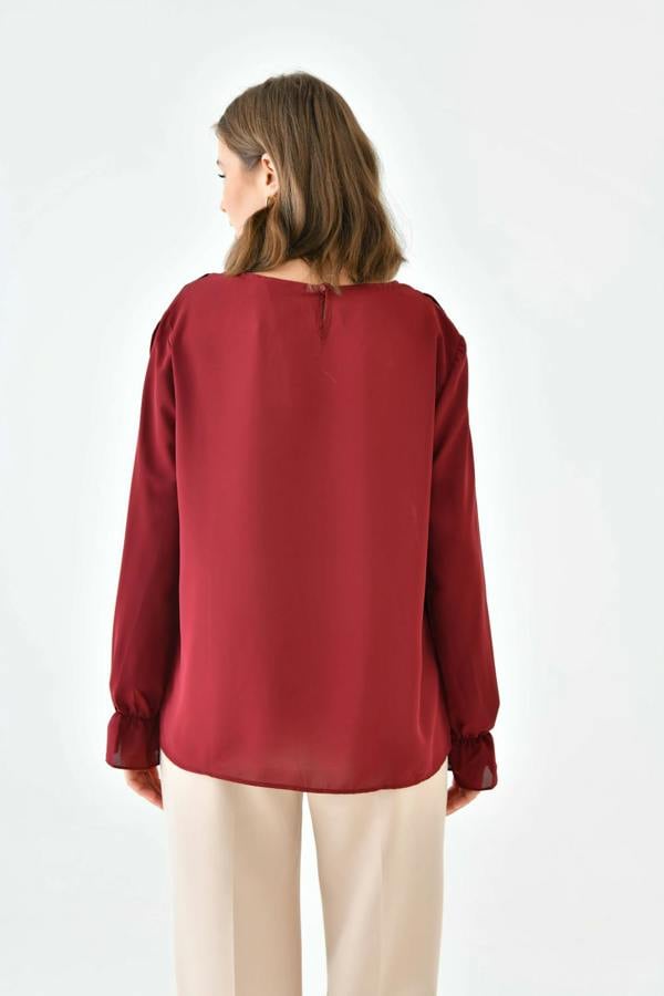 Hoxton Gal Oversized Frilled Front Blouse with Detailed Cuffs in Burgundy
