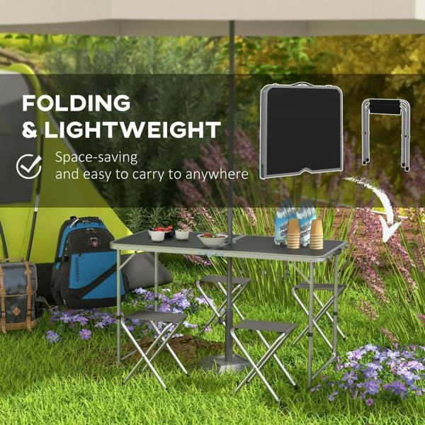 Foldable lightweight black aluminium picnic table with four foldable stools