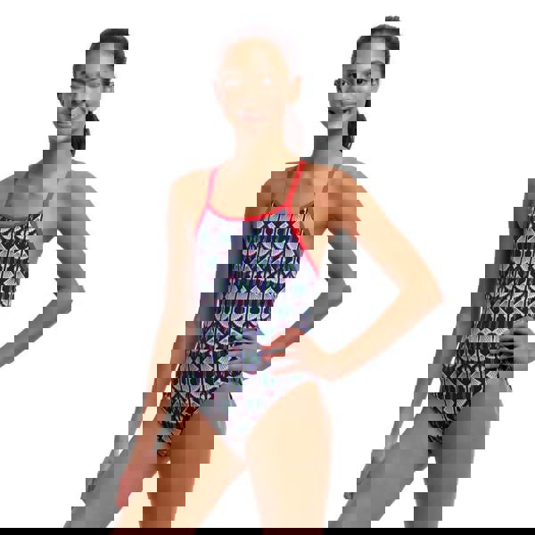 Funkita Girls Sitting Duck Diamond Back Swimsuit in navy/white with geometric pattern