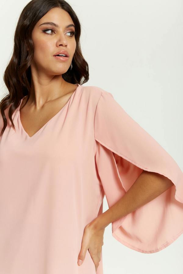 Hoxton Gal Oversized V Neck Tunic with Split Sleeves in Pink