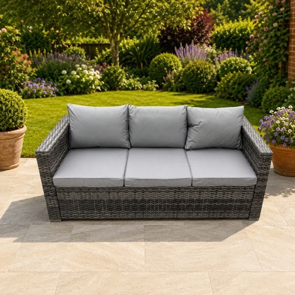 Fimous 3 Seater Rattan Lounge Sofa with Seat and Back Cushion - Grey