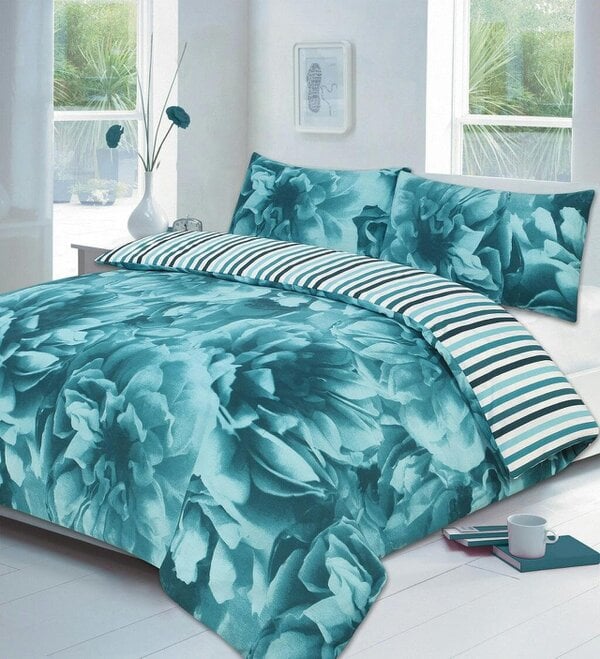 Night Zone Rose Floral Printed Polycotton Duvet Cover Set – Soft Easy Care Bedding with Pillowcases - Teal