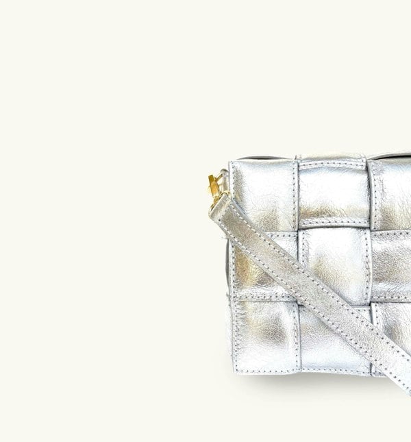 Apatchy London Padded Woven Leather Crossbody Bag  with Gold Chain Strap - Silver