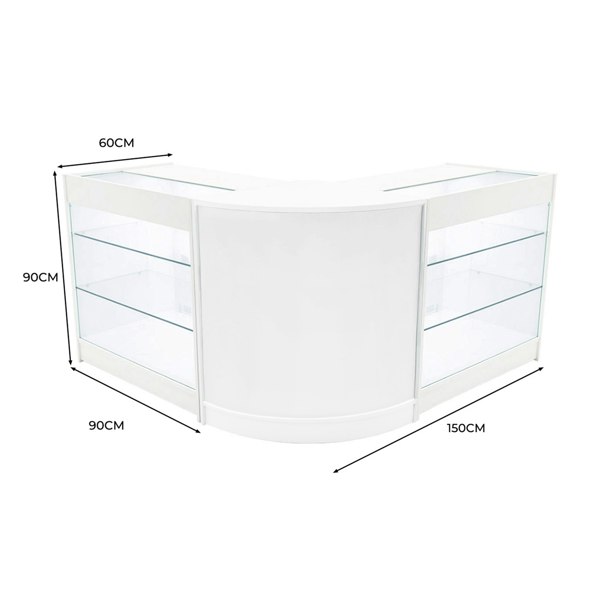 Curved white LED shop counter set with glass shelves, measuring 150cm wide, 90cm high, and 60cm deep, ideal for retail displays