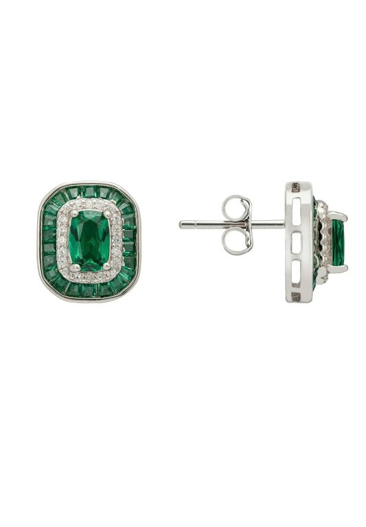 Latelita Great Gatsby Stud Earrings Emerald Silver