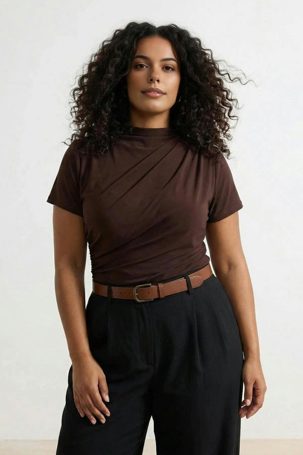WOVCOR High Neck Gathered Knit Plus Size Blouse