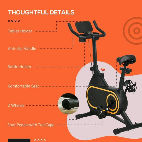 Indoor cycling bike with tablet holder, anti-slip grips, bottle holder, and toe-cage pedals