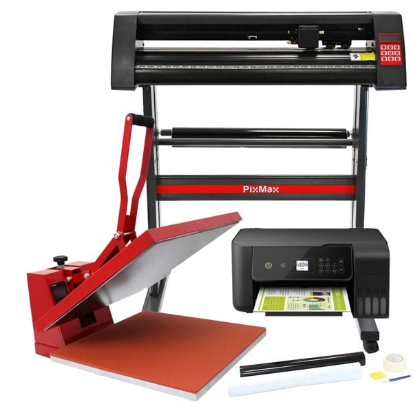 PixMax 50cm clam heat press, vinyl cutter, and printer set with red and black accents, includes weeding tools and a sturdy base