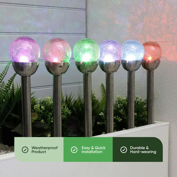 Gardenwize Pack of 6 Solar Stake Lights – Crackle Glass Ball 8cm LED Lights