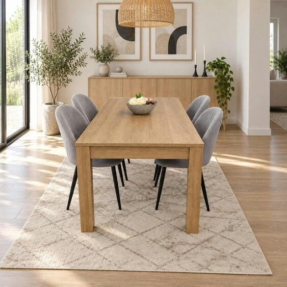 Kosy Koala Light Oak Effect Dining Table Set with 4 Grey Velvet Chairs, 140x80x75 cm