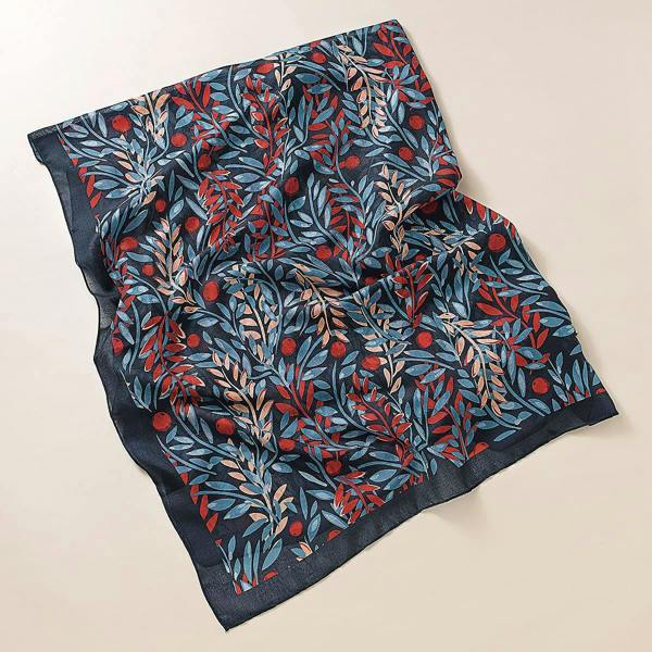 Pia Leaf Print Scarf, Denim Blue Lightweight Scarf with Self-Fringe