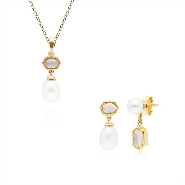 270P030602925-270E030602925 Modern Pearl & Moonstone Pendant & Earring Set in Gold Plated Silver 1