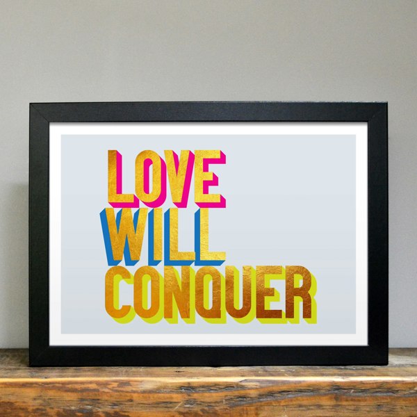 Hands & Hearts Love will conquer golden words art print