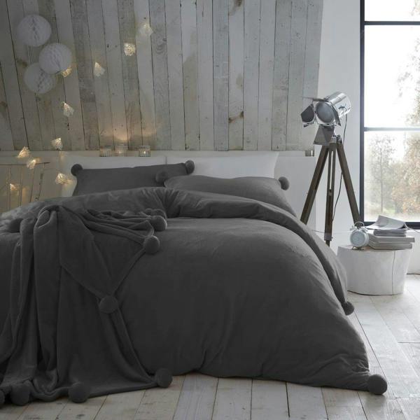 Smart Living Fleece Pom Pom Duvet Set - Charcoal
