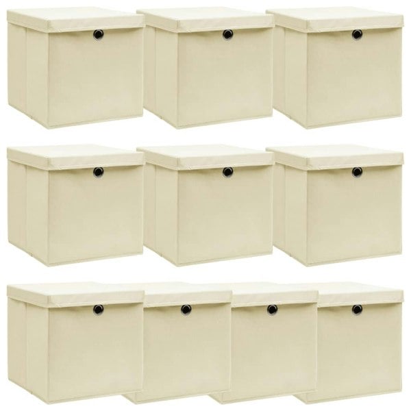 Berkfield Storage Boxes with Lid 10 pcs Cream 32x32x32 cm Fabric