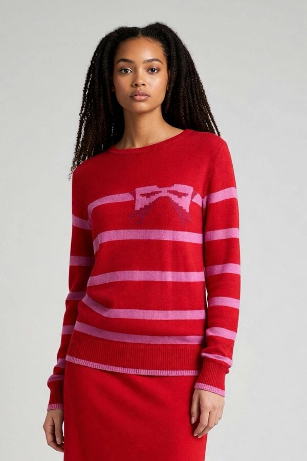 Bly Bow Intarsia Striped Jumper - Red