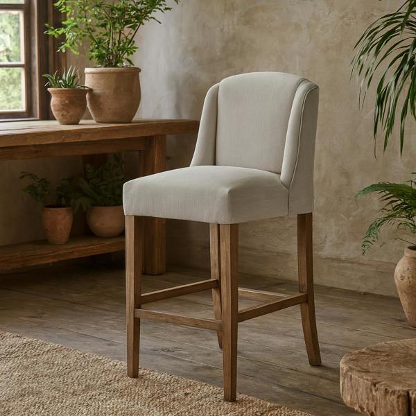 Wyld Haus Parma Arched Warm Grey Upholstered Wooden Bar Stool Wooden Legs