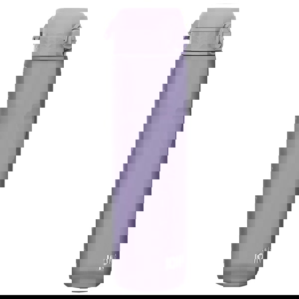 A lavender water bottle stands against a white background. The bottle features measurement markings and the logo "ION8".