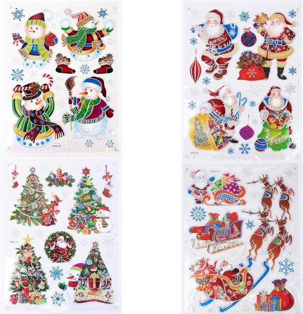 4 Pack 3D Christmas Window Stickers Assorted PVC Clings for Glass and Smooth Surfaces image 1