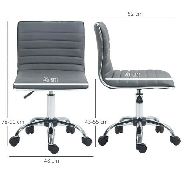Armless task desk chair with dark grey padded back, chrome height-adjusting base, casters
