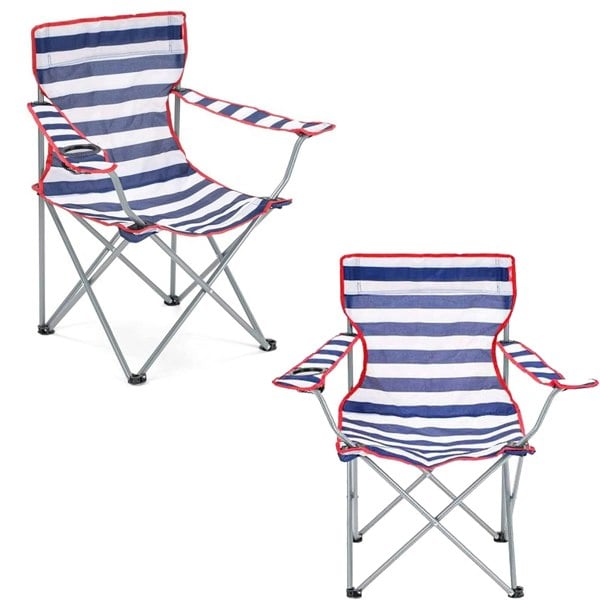 1 x Red & Blue Striped Foldable Outdoor Garden Camping Chairs With Cup Holder & Arm Rest