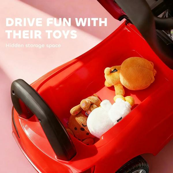 Red ride-on car walker showing open storage area with plush toys inside