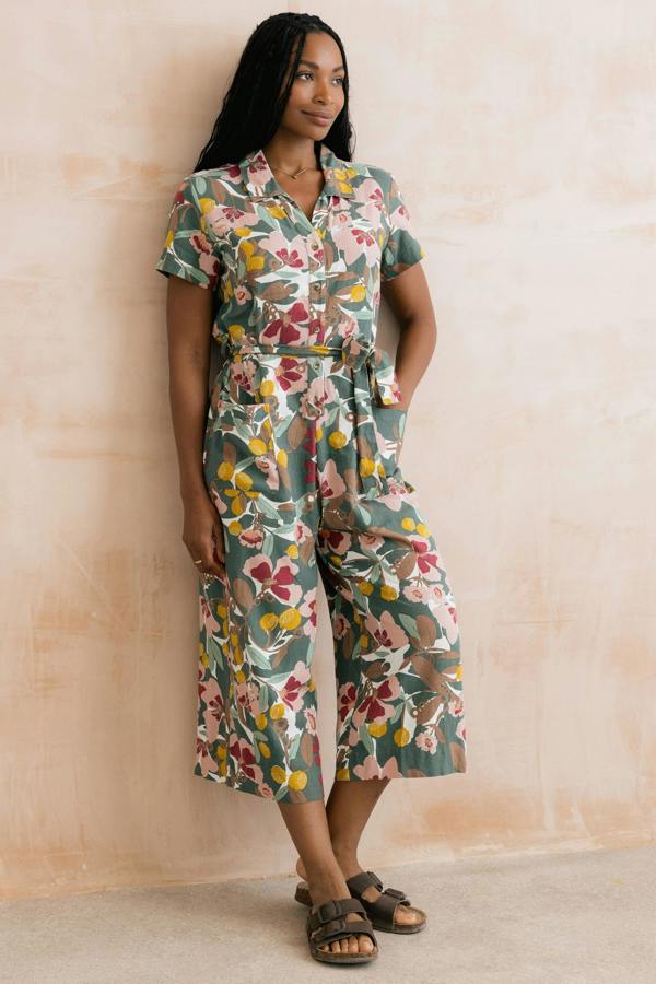 Josie Linen Blend Cropped Jumpsuit Ceres Laurel Green
