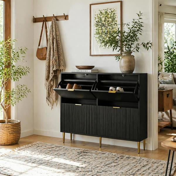 Wyld Haus Cofa Zimo Wooden Black Elegant 4 Ribbed Drawer Shoe Cabinet Gold Handles