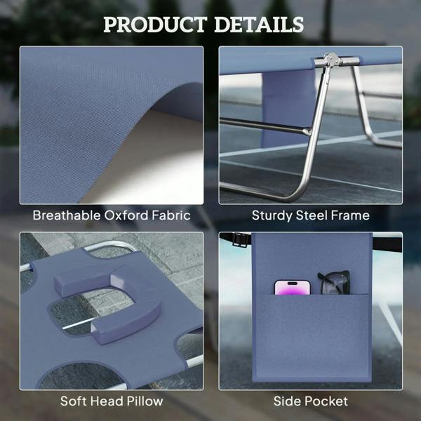 Grey sun lounger features: breathable fabric, steel frame, soft head pillow, side pocket.