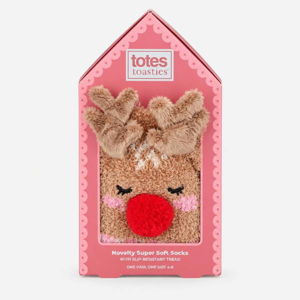 Totes NOVELTY SUPER SOFT SLIPPER SOCKS Slipper Socks Reindeer Slipper Socks   in  Red