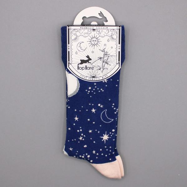 Single navy bamboo crew sock in packaging with moon-and-stars print