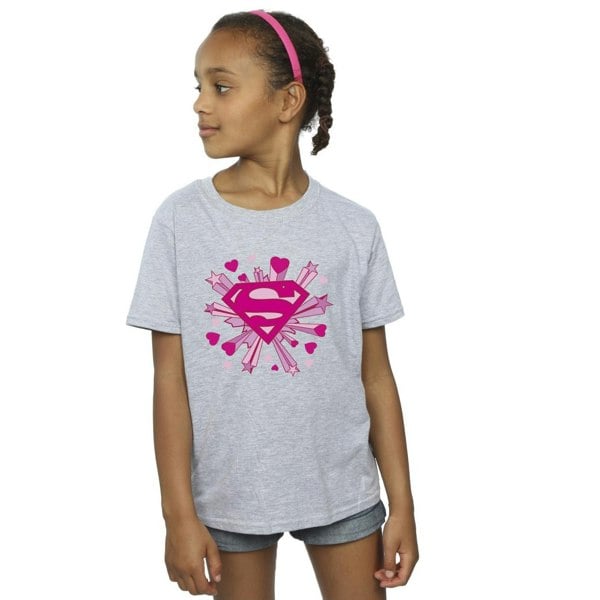 DC Comics Girls Superman Pink Hearts And Stars Logo Cotton T-Shirt - Sports Grey