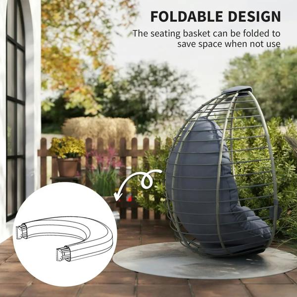 Foldable grey hanging rattan swing chair basket with thick padded cushion and metal stand