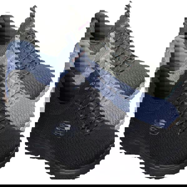 Skechers Summer Blush Womens Slip On Casual Sports Walking Trainers, three pairs of sporty slip-on sneakers in black, gray, and blue with breathable mesh uppers and comfortable soles.