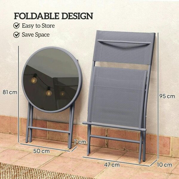 3 Pieces Outdoor Bistro Set, Glass Top Outdoor Table and 2 Folding Chairs with Protecting Feet, Grey