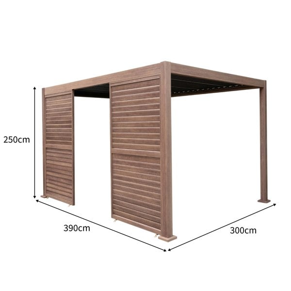 Jardi Wood Effect Aluminium Pergola With LED Lights & 2 x Side Panels - 4m x 3m