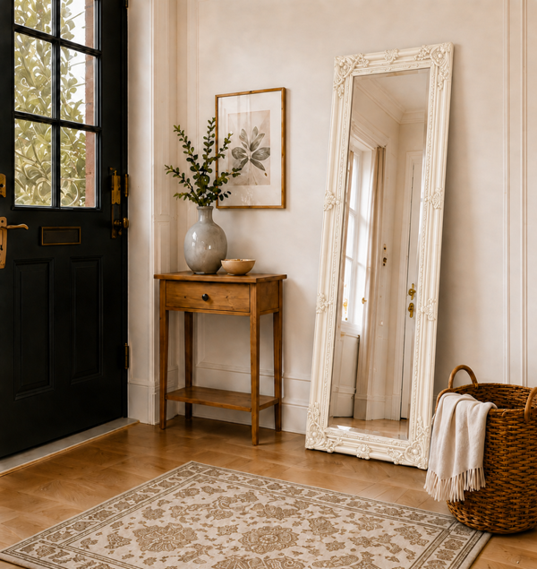 Downton Interiors Antique Style Cream Tall Ornate Dressing Wall Mirror with Bevelled Glass 142cm