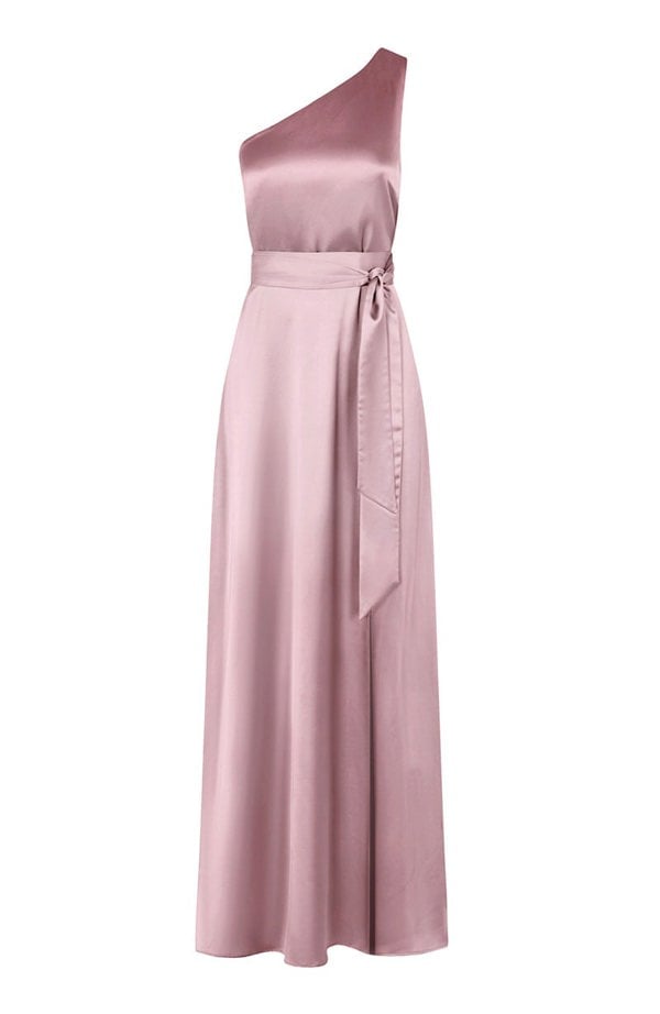 Satin one shoulder bridesmaids dress in rose pink with a detachable bow. A beautiful rich candy floss blush pink this dress is a modern and stylish option for all occasions.