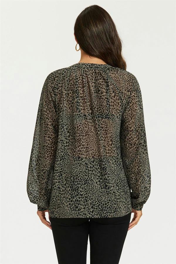 FS Collection Gold Foil Leopard Print long sleeve Blouse Top In Black
