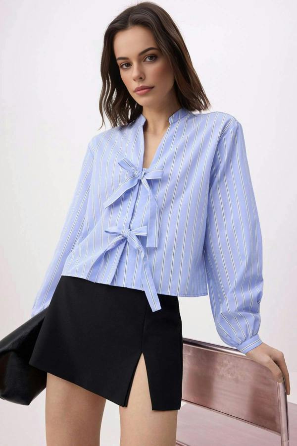 WOVCOR Striped Tie-Up Relaxed Fit Shirt