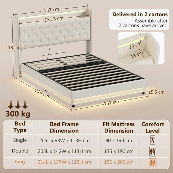 5ft King Bed Frame with Headboard, Platform Bed Frame with Hydraulic Storage, LED Lights and Charging Station, White