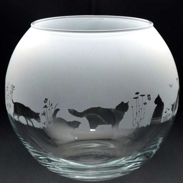 Glyptic Glass Art Cat Glass Flora Bowl Vase - Hand Etched/Engraved Gift