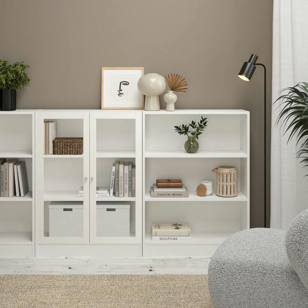 Furniture To Go Basic Low Wide Display Cabinet in White (2 Shelves) with 2 Glass Doors in White